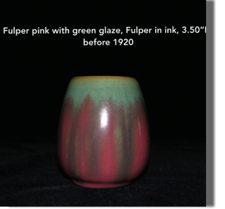 Fulper vase with pink and green glaze, Fulper marked in ink, 3.50" high, before 1920 Fulper vase with pink and green glaze, Fulper marked in ink, 3.50" high, before 1920